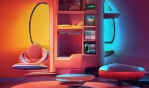 Retro-futurism: create an image of a retro-futuristic home interior ...